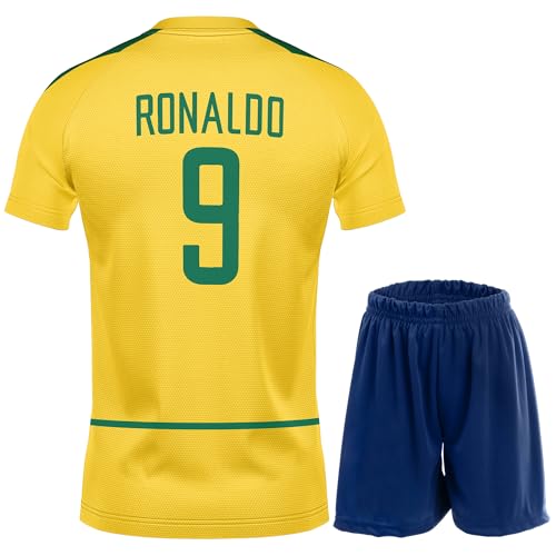 PraiseLight Brasilien Limitierte Ronaldo Heim Fußball Kinder Trikot Auflage Shorts Set Nostalgie Jugendgrößen (Gelb 9, 164 (10-11 Jahre)) von PraiseLight
