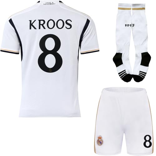 PraiseLight R. Madrid Toni Kroos #8 Heim Kinder Trikot 2023/2024 Fußball Shorts Socken Set Jugendgrößen (Weiß,16) von PraiseLight