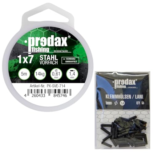 Predax Stahlvorfach 1x7 schwarz 5m 14kg + 50 Klemmhülsen 1,4mm - Set, Vorfach zum Angeln auf Zander, Hecht & Barsch Predax Stahlvorfach 1x7 schwarz 5m 14kg + 50 Klemmhülsen 1,4mm - Set, Vorfach zum Angeln auf Zander, Hecht & Barsch von Predax