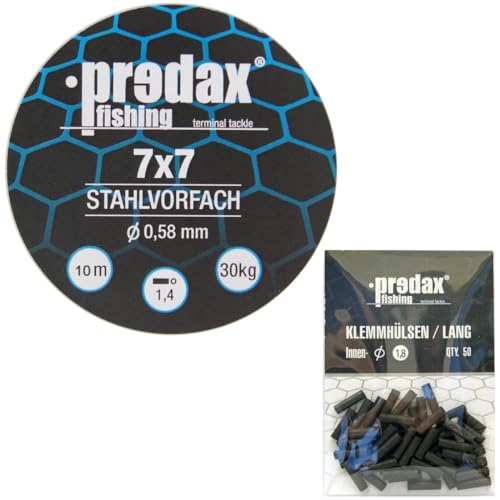 Predax Stahlvorfach 7x7 braun 10m 30kg + 50 Klemmhülsen 1,8mm - Set, Stahlvorfächer zum Hechtangeln, Stahlmaterial Hecht von Predax