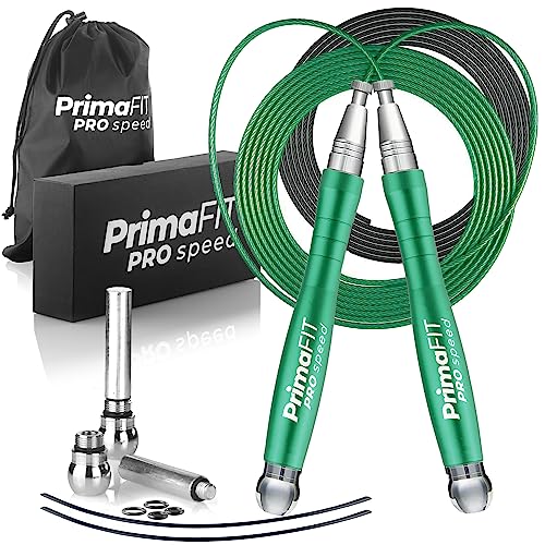 PrimaFIT Springseil Erwachsene Fitness Pro Speed Jump Rope 3m Seilspringen Verstellbar Mit Gewichten, 2 Kugellager & Anti-Rutsch Griffe, Profi Skipping Für Boxen, MMA, Crossfit, Extra Stahlseil,Tasche von PrimaFit