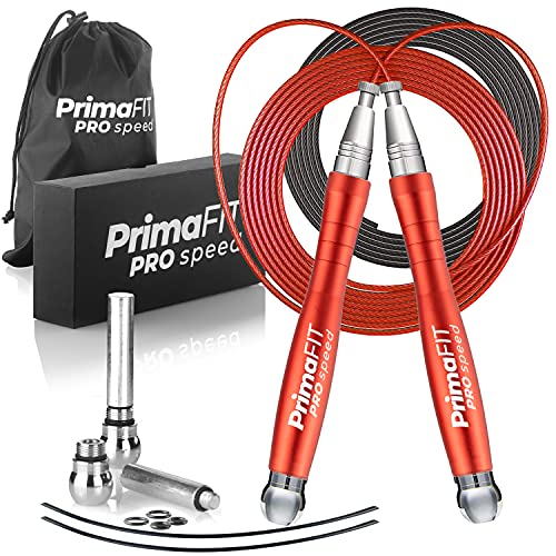 PrimaFIT Springseil Erwachsene Fitness Pro Speed Jump Rope 3m Seilspringen Verstellbar Mit Gewichten, 2 Kugellager & Anti-Rutsch Griffe, Profi Skipping Für Boxen, MMA, Crossfit, Extra Stahlseil,Tasche von PrimaFit