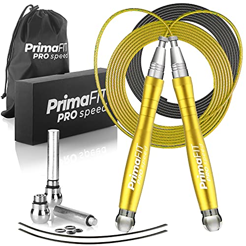 PrimaFIT Springseil Erwachsene Fitness Pro Speed Jump Rope 3m Seilspringen Verstellbar Mit Gewichten, 2 Kugellager & Anti-Rutsch Griffe, Profi Skipping Für Boxen, MMA, Crossfit, Extra Stahlseil,Tasche von PrimaFit