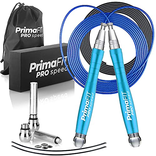 PrimaFIT Springseil Erwachsene Fitness Pro Speed Jump Rope 3m Seilspringen Verstellbar Mit Gewichten, 2 Kugellager & Anti-Rutsch Griffe, Profi Skipping Für Boxen, MMA, Crossfit, Extra Stahlseil,Tasche von PrimaFit