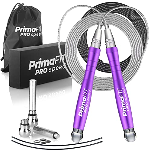 PrimaFIT Springseil Erwachsene Fitness Pro Speed Jump Rope 3m Seilspringen Verstellbar Mit Gewichten, 2 Kugellager & Anti-Rutsch Griffe, Profi Skipping Für Boxen, MMA, Crossfit, Extra Stahlseil,Tasche von PrimaFit