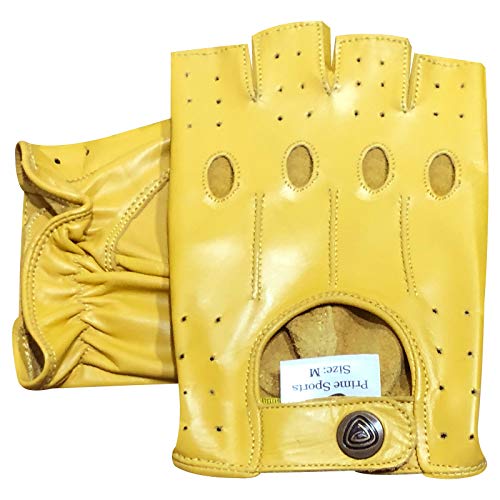 Prime Fingerlose Echtleder-Handschuhe für Motorradfahrer, Halbfinger, 309 (gelb, S) von Prime Leather