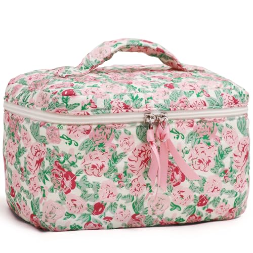 Prite Aesthetic Floral Kosmetiktasche Niedliche Kulturtasche aus Baumwolle mit Gesteppte Muster Reise Kulturbeutel oder Make Up Tasche für Damen und Mädchen (Rose Mehrblütige) von Prite