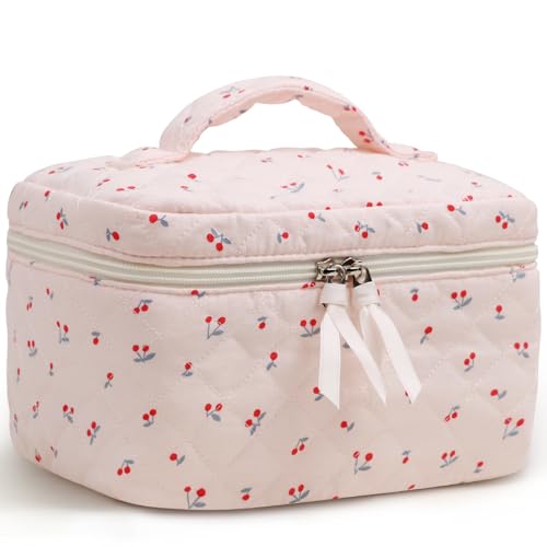 Prite Aesthetic Floral Kosmetiktasche Niedliche Kulturtasche aus Baumwolle mit Gesteppte Muster Reise Kulturbeutel oder Make Up Tasche für Damen und Mädchen (Kirsche) von Prite