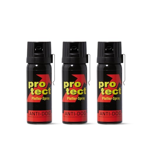 3 Stück Pfefferspray PROTECT Anti-Dog Breitstrahl 50ml KO Spray mit Metallclip Tierabwehrspray zur Selbstverteidigung Reizstoffspray in verschiedenen Sprühvarianten von Protect