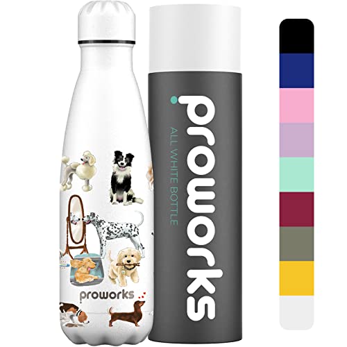 Proworks Edelstahl Trinkflasche | 24 Std. Kalt und 12 Std. Heiß - Premium Vakuum Wasserflasche - Isolierflasche für Sport, Laufen, Fahrrad, Yoga, Wandern und Camping - 500ml - Weiß - A Dog's Tail von Proworks