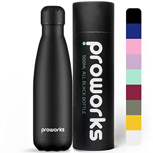 Proworks Edelstahl Trinkflasche | 24 Std. Kalt und 12 Std. Heiß - Premium Vakuum Wasserflasche - Perfekte Isolierflasche für Sport, Laufen, Fahrrad, Yoga, Wandern und Camping - 500ml - Ganz Schwarz von Proworks