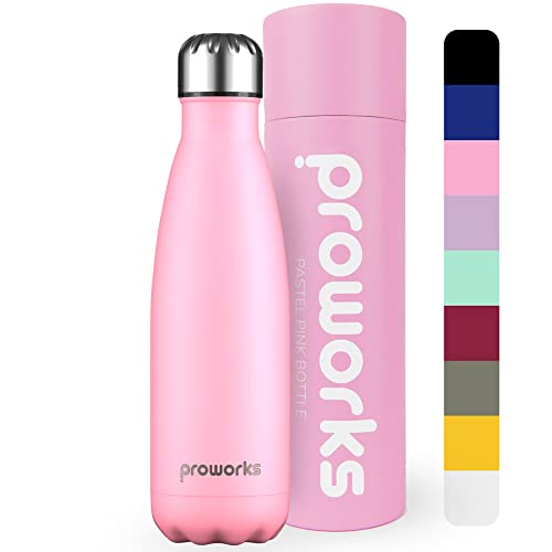 Proworks Edelstahl Trinkflasche | 24 Std. Kalt und 12 Std. Heiß - Premium Vakuum Wasserflasche - Perfekte Isolierflasche für Sport, Laufen, Fahrrad, Yoga, Wandern und Camping - 500ml - Pastell-Rosa von Proworks