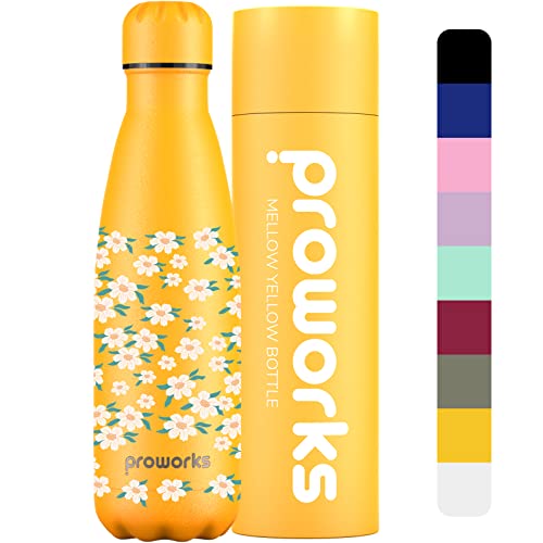 Proworks Edelstahl Trinkflasche | 24 Std. Kalt und 12 Std. Heiß - Vakuum Wasserflasche - Isolierflasche für Sport, Laufen, Fahrrad, Yoga und Camping - 1 Liter - Mildes Gelb - Ditsy Blumig von Proworks