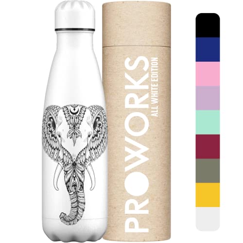 Proworks Edelstahl Trinkflasche | 24 Std. Kalt und 12 Std. Heiß - Vakuum Wasserflasche - Isolierflasche für Sport, Laufen, Fahrrad, Yoga und Camping - 500ml - Alles weiß - Elefant Azteken von Proworks