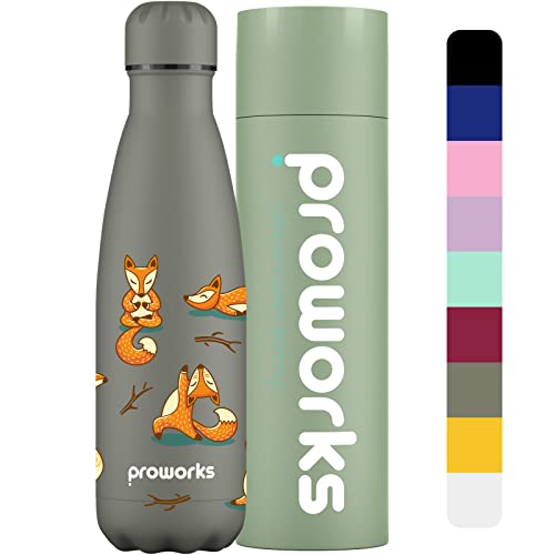 Proworks Edelstahl Trinkflasche | 24 Std. Kalt und 12 Std. Heiß - Vakuum Wasserflasche - Isolierflasche für Sport, Laufen, Fahrrad, Yoga und Camping - 500ml - Himmlisch - Fuchs Yoga - Grau von Proworks