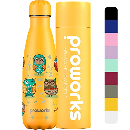 Proworks Edelstahl Trinkflasche | 24 Std. Kalt und 12 Std. Heiß - Vakuum Wasserflasche - Isolierflasche für Sport, Laufen, Fahrrad, Yoga und Camping - 500ml - Sanftes Gelb - Eulenstamm von Proworks