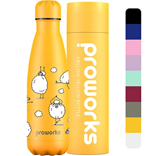 Proworks Trinkflasche aus Edelstahl | 24h kalt und 12h heiß – Vakuum-Wasserflasche – Isolierte Flasche für Sport, Laufen, Fahrrad, Yoga und Camping - 750ml - Gelb – Schaf-Yoga von Proworks