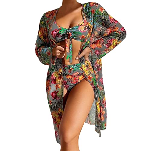 Psdndeww Bikinis Bademode 3-teiliger Geteilter Badeanzug Weiblicher Badeanzug Blumendruck Kimono Abdeckung von Psdndeww