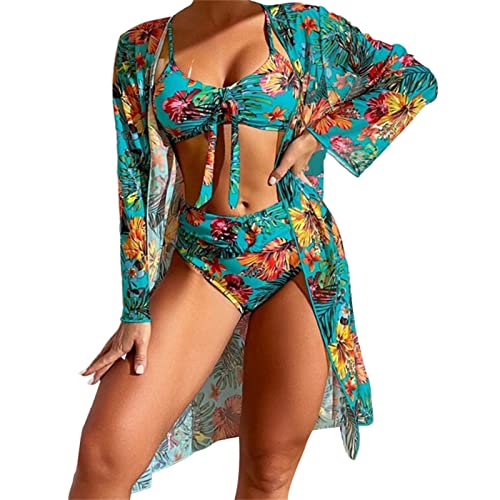 Psdndeww Bikinis Bademode 3-teiliger Geteilter Badeanzug Weiblicher Badeanzug Blumendruck Kimono Abdeckung von Psdndeww
