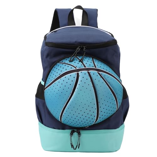 Puepoul Jugend-Fußballtasche mit Ballfach und Schuhfach, Jungen- und Mädchen-Fußballrucksack und Taschen für Basketball, Volleyball und Fußball (Marineblau mit Seeblau) von Puepoul