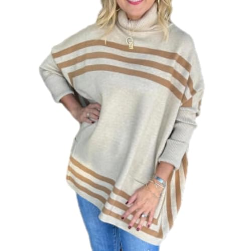 Pinklaura High Neck Bat Sleeve Sweater, Pinklaura Women's High Neck Bat Sleeve Striped Sweater, Pink Laura Sweater (Beige,L) von Pukmqu