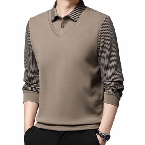 Pukmqu Herren-Langarm-Oberteile mit Reversimitat, Fake-Zweiteiler, Poloshirt für Business-Casual-Kleidung, warmes Strickoberte (A-Khaki,L) von Pukmqu