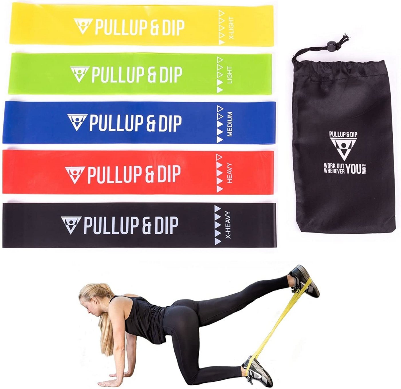 Pullup & Dip Trainingsbänder Loop Bänder, Fitnessbänder 5er Set + Tragetasche, hautfreundliches Naturlatex von Pullup & Dip