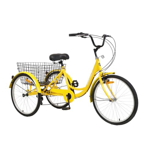 PurezmMoto 3-Rad-Fahrrad Cruise Trike 3-Rad, 24-Zoll-Dreirad for Erwachsene, 7-Gang-Dreirad, Lastendreirad Mit Korb, Fahrrad for Outdoor-Sporteinkäufe for Erwachsene Und Ältere Menschen(Yellow) von PurezmMoto