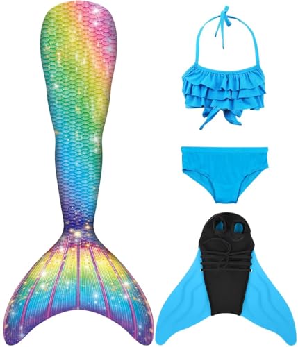 Pyjacos Meerjungfrauenflosse Mädchen Neuer Mermaid Tail meerjungfrauenflosse , 4 Stück Set,xiaolanJCKA09+WJF46-120 von Pyjacos