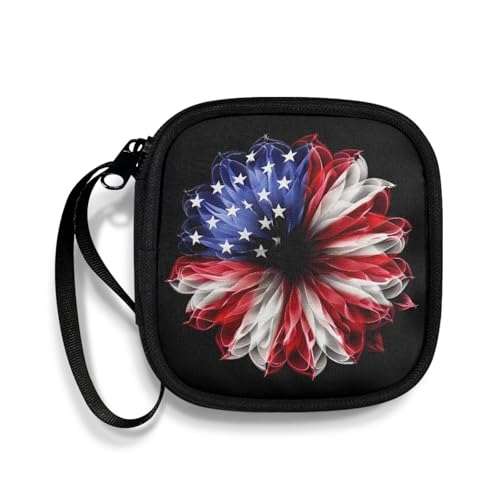 Pzuqiu Amerikanische Flagge Gänseblümchen quadratische Kopfhörer-Hülle, Ohrhörer/USB-Kabel/Bluetooth-Headset-Organizer, tragbare Kopfhörer-Aufbewahrungstasche mit Griff für Jugendliche und Erwachsene von Pzuqiu