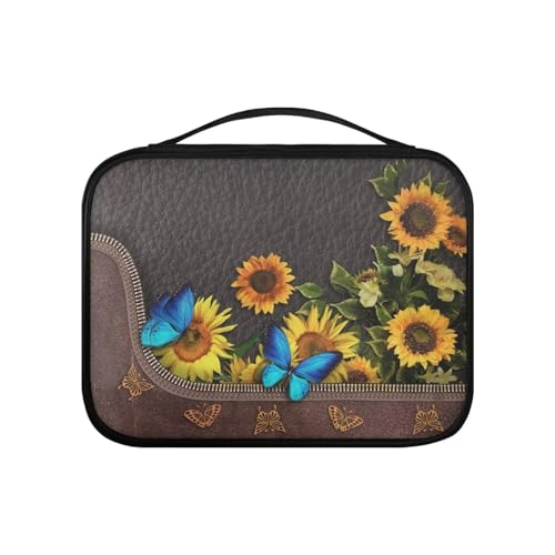 Pzuqiu Bibelhülle aus PU-Leder, Bibeltasche, Bibeltasche für Damen, Organizer, stabile Bibelschutzhülle, groß, Sonnenblumen-blauer Schmetterling, Einheitsgröße von Pzuqiu