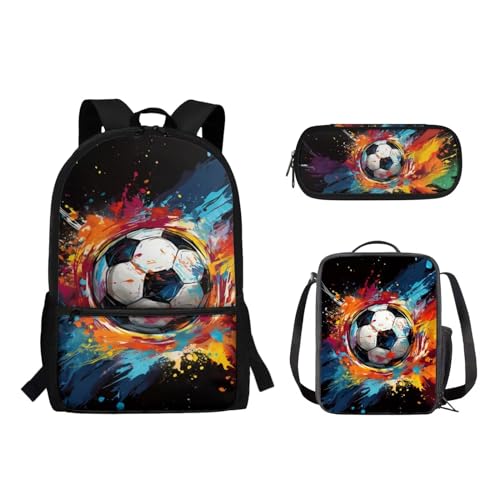 Pzuqiu Cooles Fußball-Schulrucksack-Set für Teenager, Kinder, großes Fassungsvermögen, Rucksack mit passender Lunchtasche und Federmäppchen für Grundschule, Mittelschüler, 3-teiliges Set von Pzuqiu