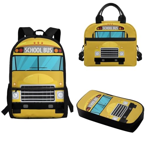 Pzuqiu Schüler-Rucksack, 3er-Set, mit Lunchbox und Federmäppchen für Camping, bequeme Schultaschen für Kinder, Rucksack-Set, Cartoon-Schulbus von Pzuqiu