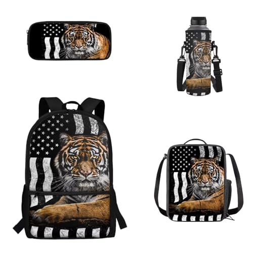 Pzuqiu Schüler-Rucksack für Kinder mit Lunchbox, Federmäppchen und Wasserbecher-Abdeckung, 4-teiliges Set, Schultaschen für Jungen/Mädchen, USA-Flagge, Tiger von Pzuqiu