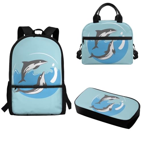 Pzuqiu Schulrucksack-Set, 3-teiliges Set, modischer Rucksack für Grundschüler, Schultaschen mit Lunchbox und Federmäppchen, Delfin von Pzuqiu