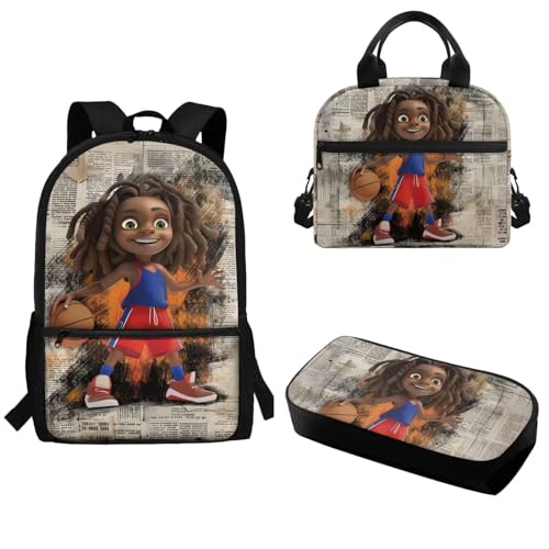 Pzuqiu Schulrucksack-Set mit tragbarer Lunchtasche und Federmäppchen für Kinder, Grundschule, Mittelschüler, Büchertaschen, 3-teilig, Cooles Basketball-Mädchen von Pzuqiu