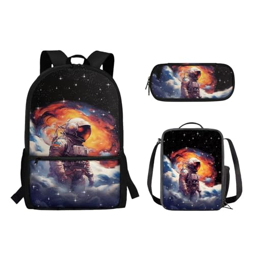 Pzuqiu Schultasche mit Lunchtasche und Federmäppchen für Mädchen/Jungen, Studentenrucksack, Kindermode, Büchertasche, 3-teiliges Set, Astronaut von Pzuqiu