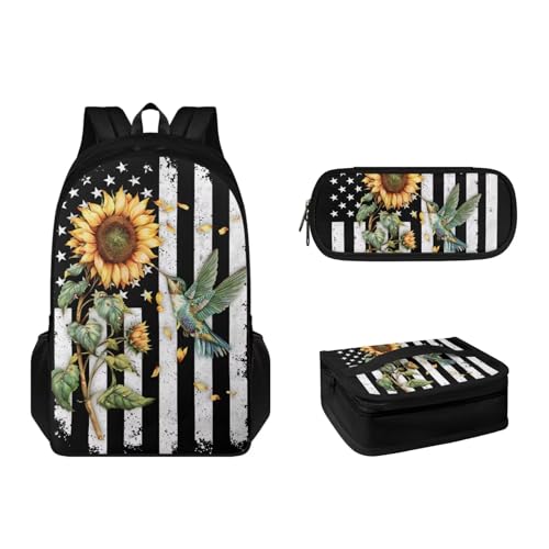 Pzuqiu Schultaschen für Kinder, Rucksack mit Lunchbox, Federmäppchen, 3-teilig, Schulrucksack, große Kapazität, Rucksack für Reisen, USA-Flagge, Sonnenblume von Pzuqiu