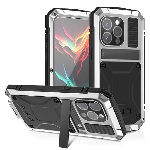 Metallrahmen Hülle für iPhone 15/15 Pro/15 Plus/15 Pro Max, mit Ständer und Displayschutz, Militärstandard Handyhülle Stoßfeste Kratzfeste Staubdicht Heavy Duty Schutzhülle,Silver,iPhone15 ProMax von QANXGOG