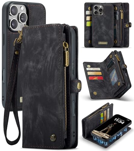 QANXGOG Abnehmbare 2-in-1-Brieftaschenhülle für iPhone 16/16 Plus/16 Pro/16 Pro Max, Retro-PU-Leder mit Kartenhalter, Ständerfunktion, Magnetverschluss, Reißverschlusstasche,Black,16 Pro von QANXGOG