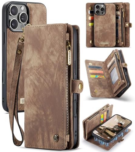 QANXGOG Abnehmbare 2-in-1-Brieftaschenhülle für iPhone 16/16 Plus/16 Pro/16 Pro Max, Retro-PU-Leder mit Kartenhalter, Ständerfunktion, Magnetverschluss, Reißverschlusstasche,Brown,16 Pro Max von QANXGOG