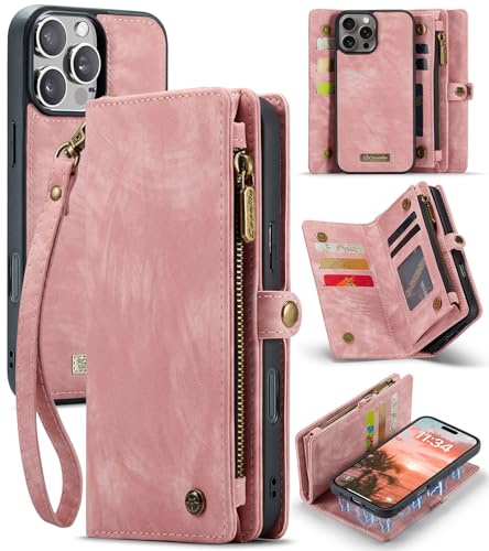 QANXGOG Abnehmbare 2-in-1-Brieftaschenhülle für iPhone 16/16 Plus/16 Pro/16 Pro Max, Retro-PU-Leder mit Kartenhalter, Ständerfunktion, Magnetverschluss, Reißverschlusstasche,Pink,16 Pro von QANXGOG