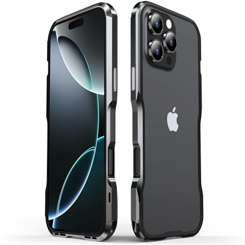 QANXGOG Aluminium-Stoßstangenhülle für iPhone 16 Pro Max/16 Pro/16 Plus/16, Stoßstangenabdeckung mit Metallrahmen und Loch für Riemen, Stoßdämpfend, Schlankes, Cooles Design,Black,16 Pro Max von QANXGOG