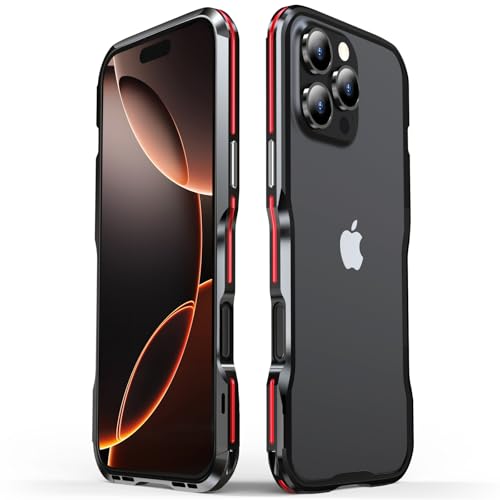 QANXGOG Aluminium-Stoßstangenhülle für iPhone 16 Pro Max/16 Pro/16 Plus/16, Stoßstangenabdeckung mit Metallrahmen und Loch für Riemen, Stoßdämpfend, Schlankes, Cooles Design,Red,16 Plus von QANXGOG