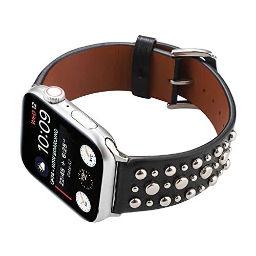 QANXGOG Armband ​für Apple Watch Series 8/7/SE/6/5/4/3/2/1, Kompatibel mit iWatch Armband 45mm 44cm 42mm 41mm 40mm 38mm, Nieten Echtes Leder Uhrenarmband mit Edelstahl Schnalle,Black,45mm/44mm/42mm von QANXGOG