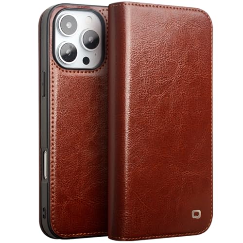 QANXGOG Brieftaschen-Hülle für iPhone 16 Pro Max/16 Pro/16 Plus/16, stoßfeste TPU-Hülle aus echtem Leder mit Ständer und Kartenfächern,Brown,16 Pro Max von QANXGOG