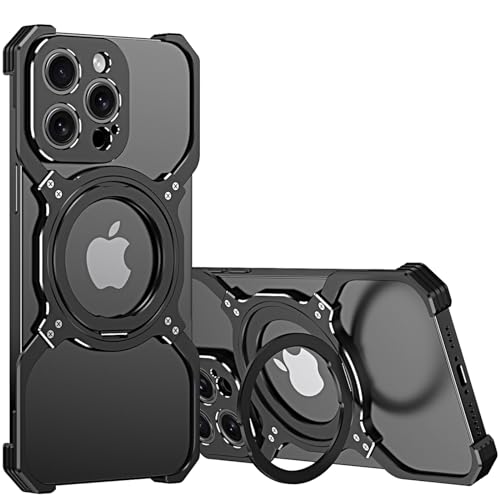 QANXGOG Hülle für iPhone 14/14 Pro/14 Pro Max, Robustes Metall mit Mechanischem Arm-Design, Rahmenlose Hülle mit 360° Drehbarem Magnetständer,Black,14 von QANXGOG