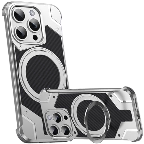 QANXGOG Hülle für iPhone 15/15 Plus/15 Pro/15 Pro Max, Rahmenlose Hülle Aus Kohlefasermetall mit 360° Drehbarem Ständer, Stoßschutz,Silver,15 Plus von QANXGOG