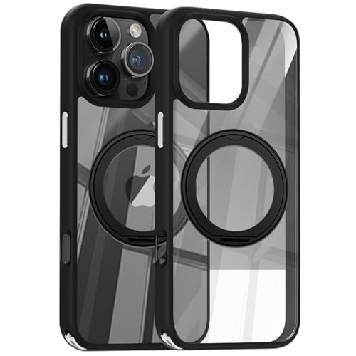 QANXGOG Hülle für iPhone 16/16 Plus/16 Pro/16 Pro Max, Klar [Vergilbt Nicht] mit 360° Drehbarem Ständer, Weicher TPU- und Hart-PC-Rahmen, Metallknöpfe für Präzision,Black,16 Pro Max von QANXGOG