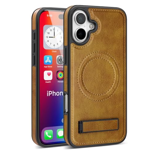 QANXGOG Hülle für iPhone 16/16 Plus/16 Pro/16 Pro Max, Premium-PU-Leder, Integrierter Unsichtbarer Ständer, Kompatibel mit Magsafe, Ultradünne Magnetische Hülle mit Kickstand-Cover,Brown,16 Pro von QANXGOG